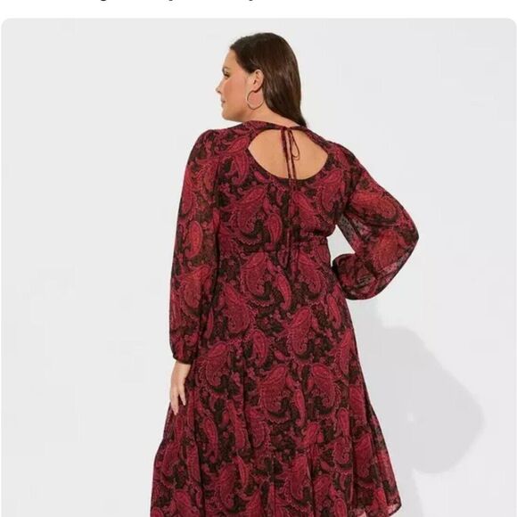 Torrid Burgundy Paisley Tea Length Clip Dot Open Back A-Line Dress Plus Size 1X - Picture 2 of 11